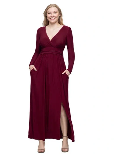 24seven Comfort Apparel Womens Long Sleeve V-neck Side Slit Maxi Dress In Burgundy
