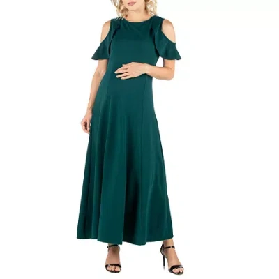 24seven Comfort Apparel Womens Maternity Crew Neck Short Sleeve Cold Shoulder Maxi Dress In Green