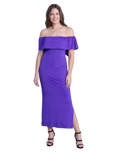 24seven Comfort Apparel Womens Off The Shoulder Ruffle Detail Side Slit Fitted Maxi Dress In Purple