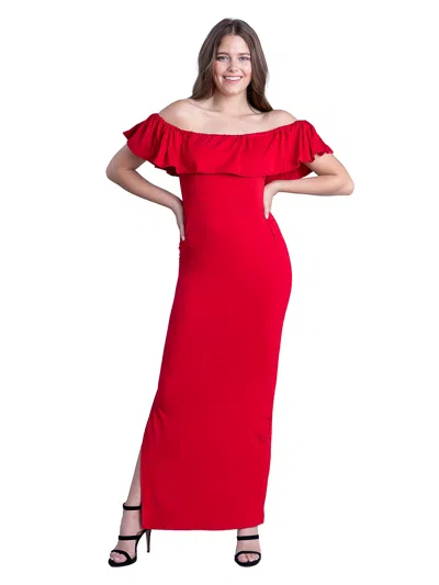 24seven Comfort Apparel Womens Off The Shoulder Ruffle Detail Side Slit Fitted Maxi Dress In Red
