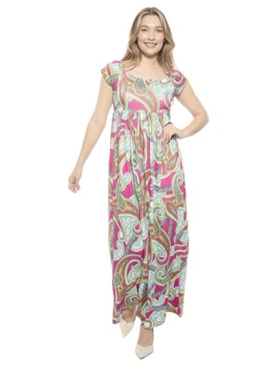 24seven Comfort Apparel Womens Paisley Square Neck Cap Sleeve Pleated A-line Maxi Dress In Multi