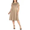 24seven Comfort Apparel Plus Size Short Sleeve Midi Dress With Pockets In Beige