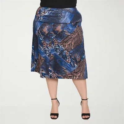 24seven Comfort Apparel Plus Size Blue Animal Print Midi Skirts In Multi