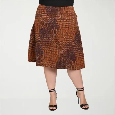24seven Comfort Apparel Plus Size Brown Geometric Print Midi Skirts In Multi
