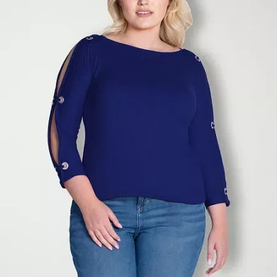 24seven Comfort Apparel Womens Plus Boat Neck 3/4 Sleeve Blouse In Blue