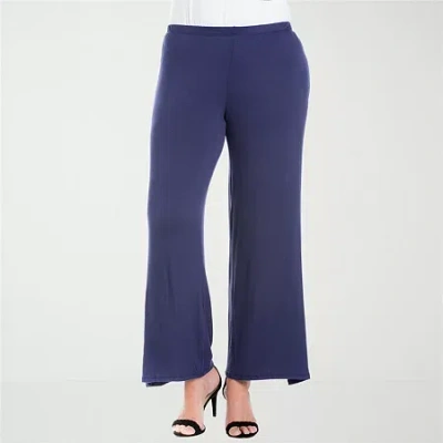 24seven Comfort Apparel Plus Size Elastic Waist Flared Leg Palazzo Pants In Navy