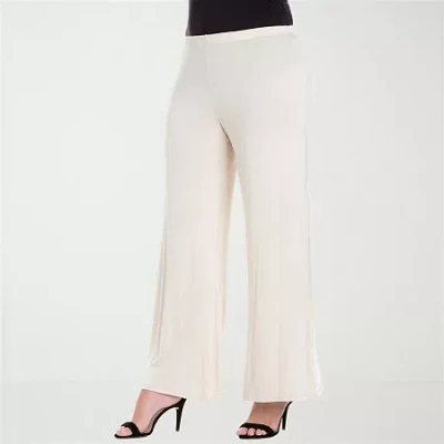 24seven Comfort Apparel Plus Size Elastic Waist Flared Leg Palazzo Pants In Nude
