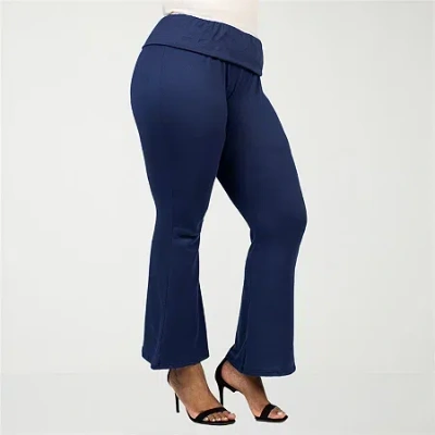 24seven Comfort Apparel Plus Size Black Bell Bottom Fold Over Waist Sweatpants In Navy