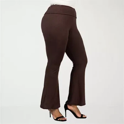 24seven Comfort Apparel Plus Size Black Bell Bottom Fold Over Waist Sweatpants In Brown