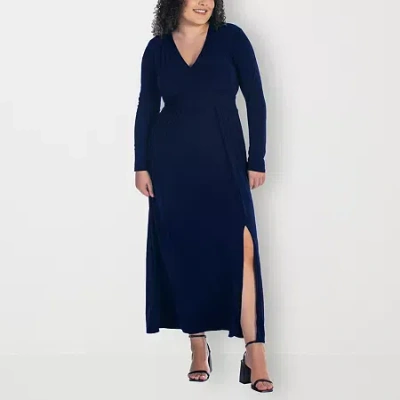 24seven Comfort Apparel Womens Plus Long Sleeve Maxi Dress In Blue
