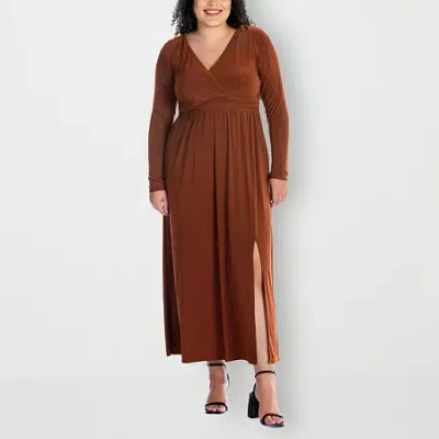 24seven Comfort Apparel Womens Plus Long Sleeve Maxi Dress In Brown