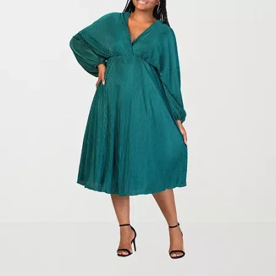 24seven Comfort Apparel Womens Plus Long Sleeve Midi A-line Dress In Green