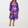 24seven Comfort Apparel Womens Plus Long Sleeve Midi A-line Dress In Purple
