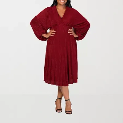 24seven Comfort Apparel Womens Plus Long Sleeve Midi A-line Dress In Red