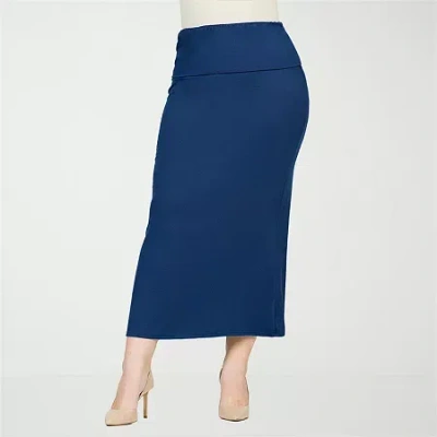 24seven Comfort Apparel Plus Size Comfortable Fold Over Maxi Skirt In Blue
