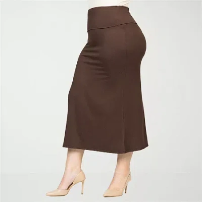 24seven Comfort Apparel Plus Size Comfortable Fold Over Maxi Skirt In Brown