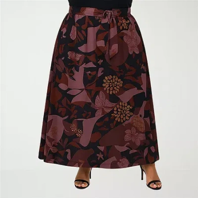 24seven Comfort Apparel Plus Size Fall Floral Print Maxi Skirts In Red