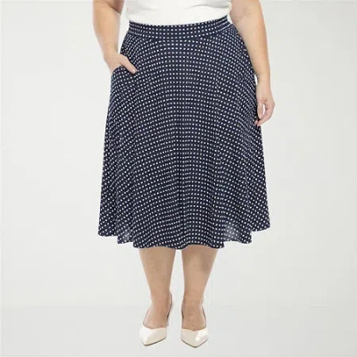 24seven Comfort Apparel Plus Size Polka Dot Elastic Waist Pocket A-line Midi Skirt In Blue