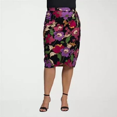 24seven Comfort Apparel Plus Size Black Multi Floral Print Midi Pencil Skirt