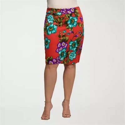 24seven Comfort Apparel Plus Size Orange Floral Print Knee Length Pencil Skirt In Multi