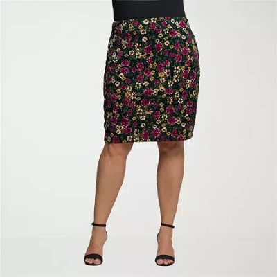 24seven Comfort Apparel Plus Size Floral Print Knee Length Pencil Skirt In Multi