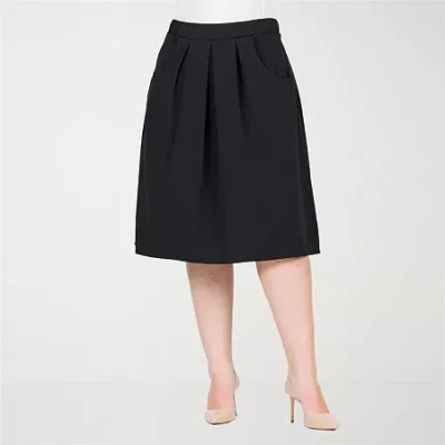 24seven Comfort Apparel Plus Size Elastic Waist Pleated Knee Length Pocket Skirt In Black