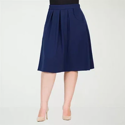 24seven Comfort Apparel Plus Size Elastic Waist Pleated Knee Length Pocket Skirt In Blue