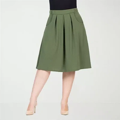 24seven Comfort Apparel Plus Size Elastic Waist Pleated Knee Length Pocket Skirt In Green