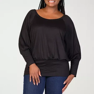 24seven Comfort Apparel Womens Plus Scoop Neck Long Sleeve Blouse In Black