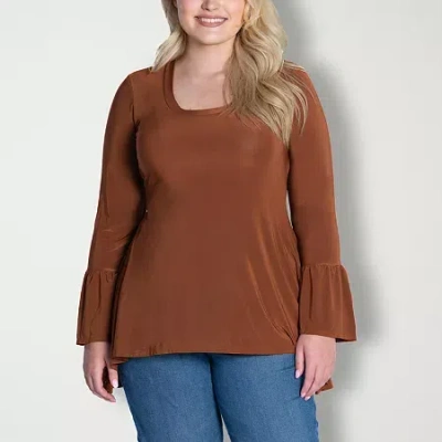 24seven Comfort Apparel Womens Plus Scoop Neck Long Sleeve Blouse In Brown