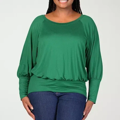 24seven Comfort Apparel Womens Plus Scoop Neck Long Sleeve Blouse In Green