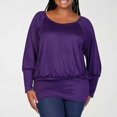 24seven Comfort Apparel Womens Plus Scoop Neck Long Sleeve Blouse In Purple