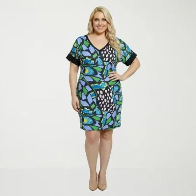 24seven Comfort Apparel Womens Plus Short Sleeve Abstract T-shirt Dress In Blue