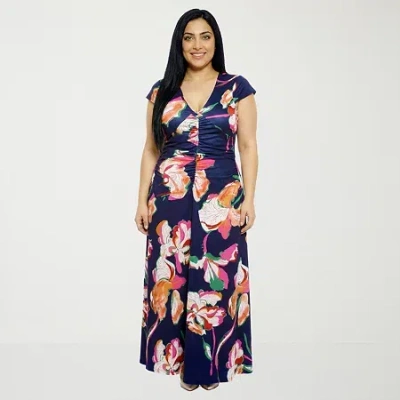 24seven Comfort Apparel Womens Plus Short Sleeve Floral Wrap Dress In Blue