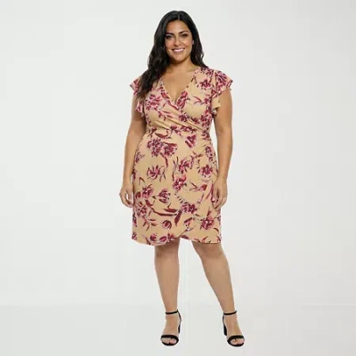 24seven Comfort Apparel Womens Plus Short Sleeve Floral Wrap Dress In Brown