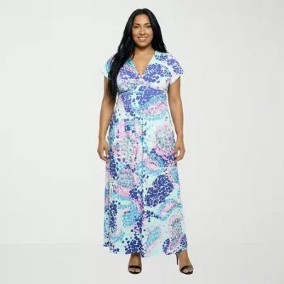 24seven Comfort Apparel Womens Plus V Neck Short Sleeve Maxi Dress In Blue
