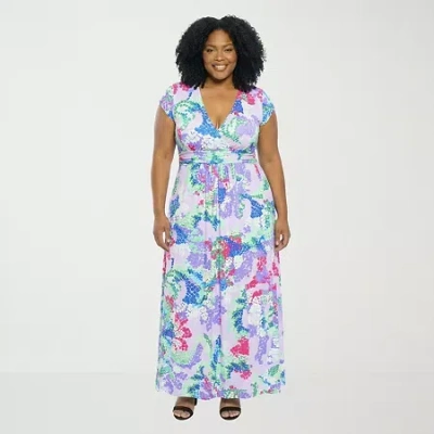 24seven Comfort Apparel Womens Plus V Neck Short Sleeve Maxi Dress In Blue