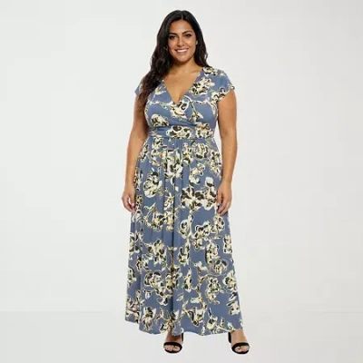 24seven Comfort Apparel Womens Plus V Neck Short Sleeve Maxi Dress In Blue