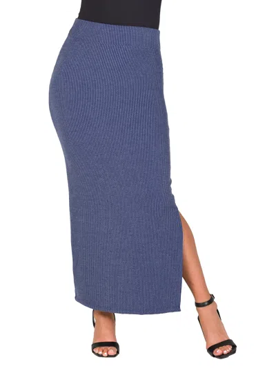 24seven Comfort Apparel Womens Ribbed Knit Side Slit Elastic Waist Maxi Skirt In Blue