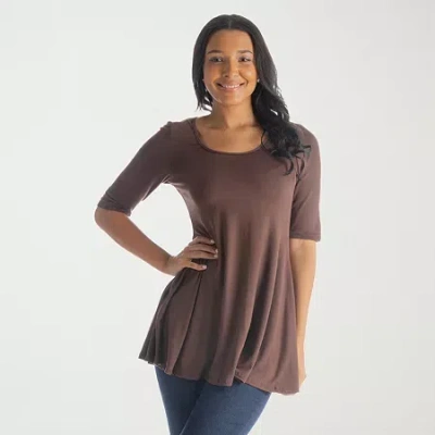 24seven Comfort Apparel Womens Round Neck Elbow Sleeve Tunic Top In Brown