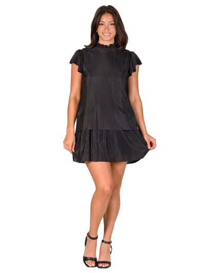 24seven Comfort Apparel Womens Ruffle Cap Sleeve High Neck Pleated Tiered A Line Mini Dress In Black