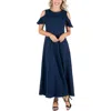 24seven Comfort Apparel Ruffle Cold Shoulder A Line Maxi Dress In Blue