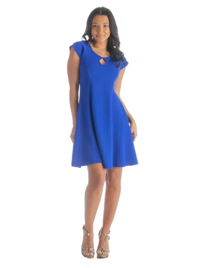 24seven Comfort Apparel Womens Scoop Neck Keyhole Detail Cap Sleeve Flared Knee Length Dress In Blue