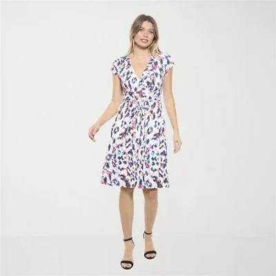 24seven Comfort Apparel Maternity Abstract V Neck Cap Sleeve Knee Length A Line Pocket Dress In Multi