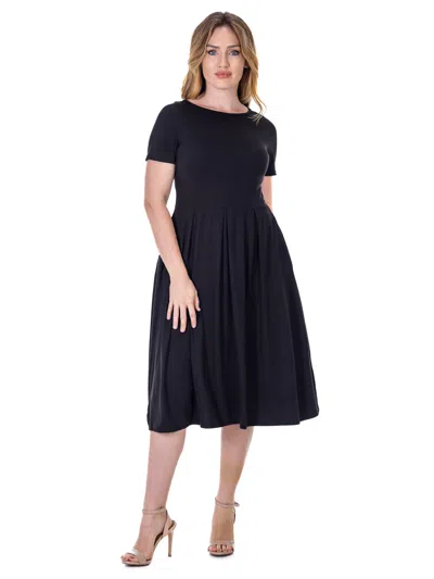 24seven Comfort Apparel Womens Short Sleeve Boat Neck Pleated Flared Pocket Midi Dress In Black