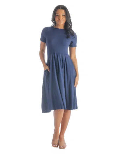 24seven Comfort Apparel Womens Short Sleeve Boat Neck Pleated Flared Pocket Midi Dress In Blue