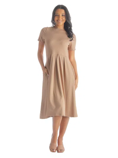 24seven Comfort Apparel Womens Short Sleeve Boat Neck Pleated Flared Pocket Midi Dress In Brown