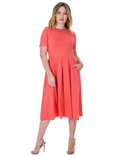 24seven Comfort Apparel Womens Short Sleeve Boat Neck Pleated Flared Pocket Midi Dress In Orange