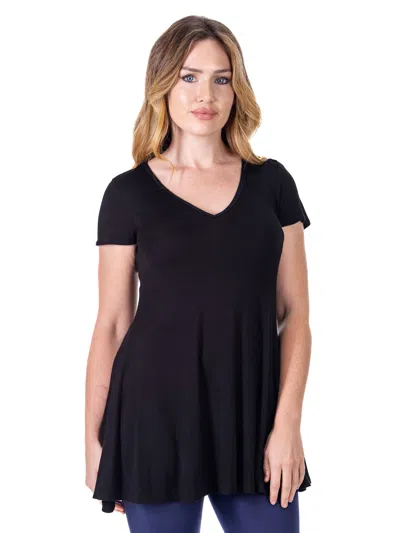 24seven Comfort Apparel Womens Short Sleeve Loose Fit Tunic Top With V Neck In Black
