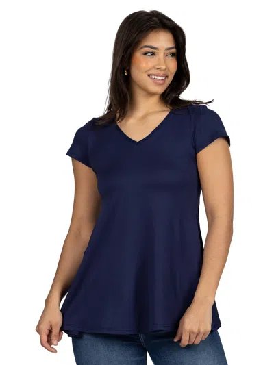 24seven Comfort Apparel Womens Short Sleeve Loose Fit Tunic Top With V Neck In Blue